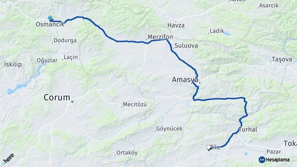 Çorum Osmancık Zile Tokat Arası Kaç Km - Yol Haritası