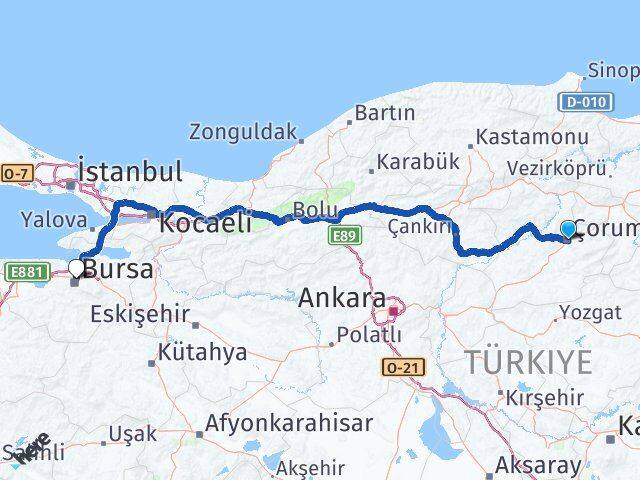 Çorum Osmangazi Bursa Arası Kaç Km - Yol Haritası