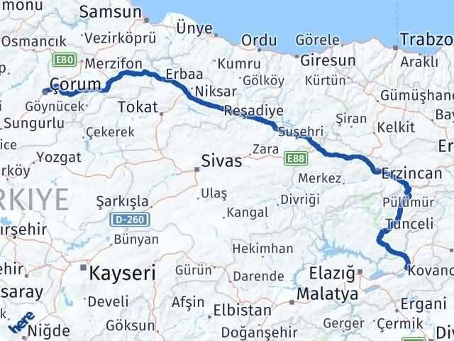 Çorum Palu Elazığ Arası Kaç Km - Yol Haritası