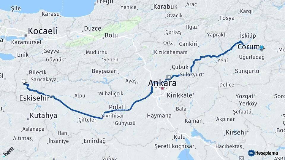 Çorum Pazaryeri Bilecik Arası Kaç Km - Yol Haritası