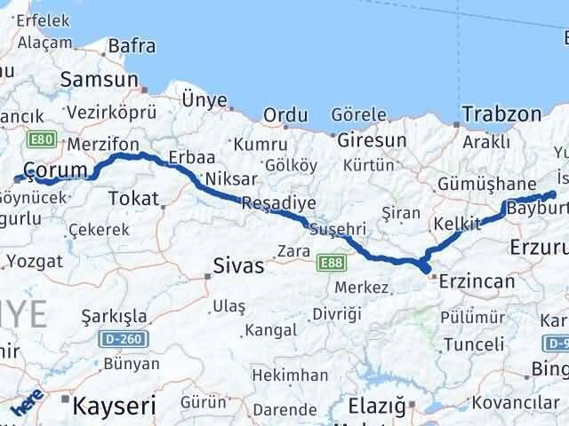 Çorum Pazaryolu Erzurum Arası Kaç Km - Yol Haritası