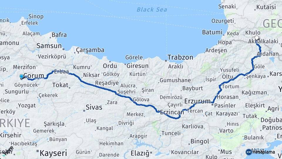 Çorum Posof Ardahan Arası Kaç Km - Yol Haritası