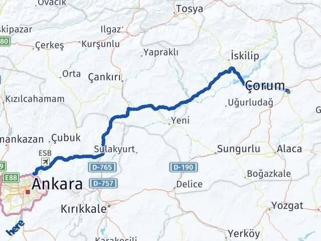 Çorum Pursaklar Ankara Arası Kaç Km - Yol Haritası