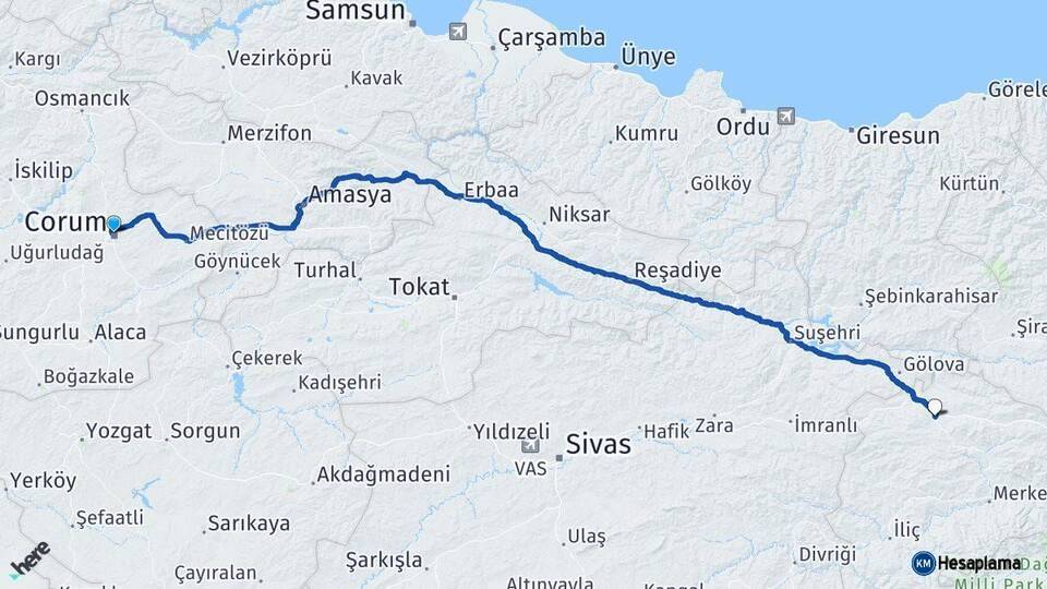 Çorum Refahiye Erzincan Arası Kaç Km - Yol Haritası