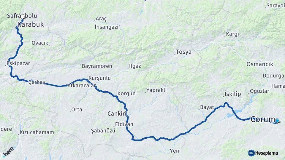 Çorum Safranbolu Karabük Arası Kaç Km - Yol Haritası