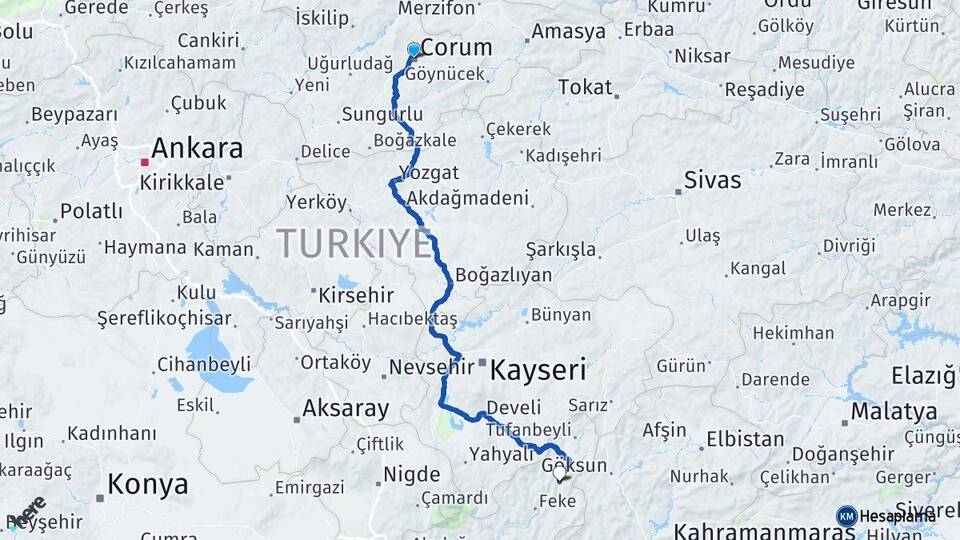 Çorum Saimbeyli Adana Arası Kaç Km - Yol Haritası