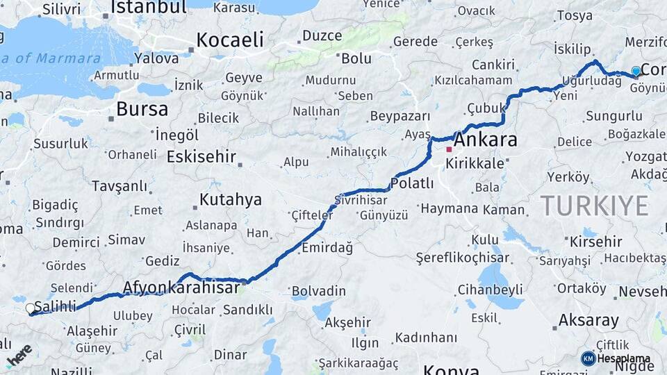 Çorum Salihli Manisa Arası Kaç Km - Yol Haritası
