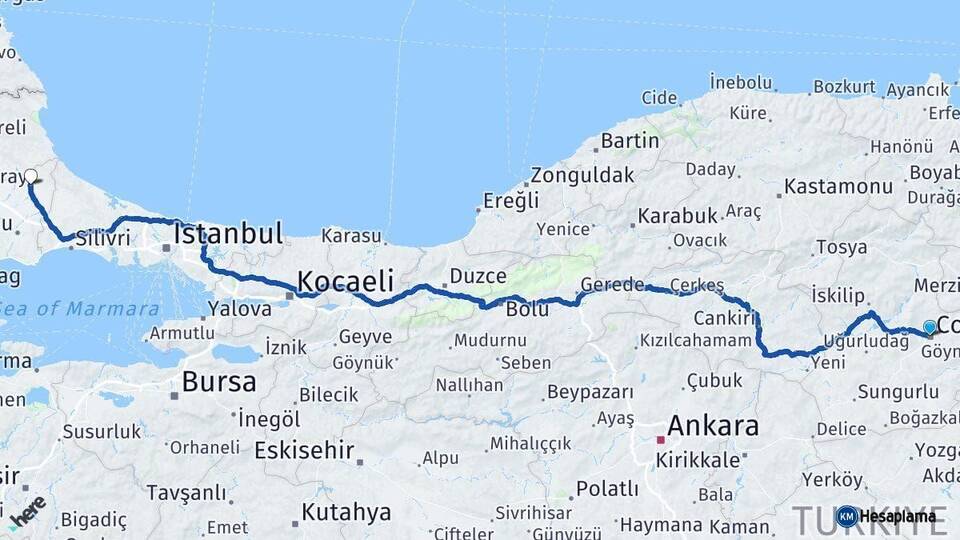 Çorum Saray Tekirdağ Arası Kaç Km - Yol Haritası