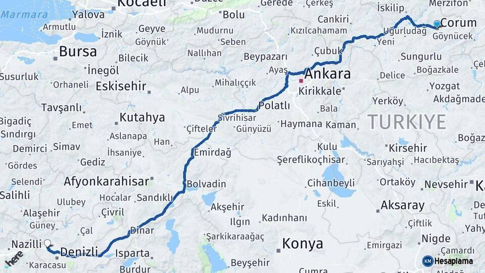 Çorum Sarayköy Denizli Arası Kaç Km - Yol Haritası