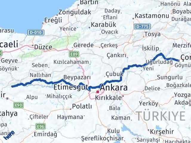 Çorum Sarıcakaya Eskişehir Arası Kaç Km - Yol Haritası