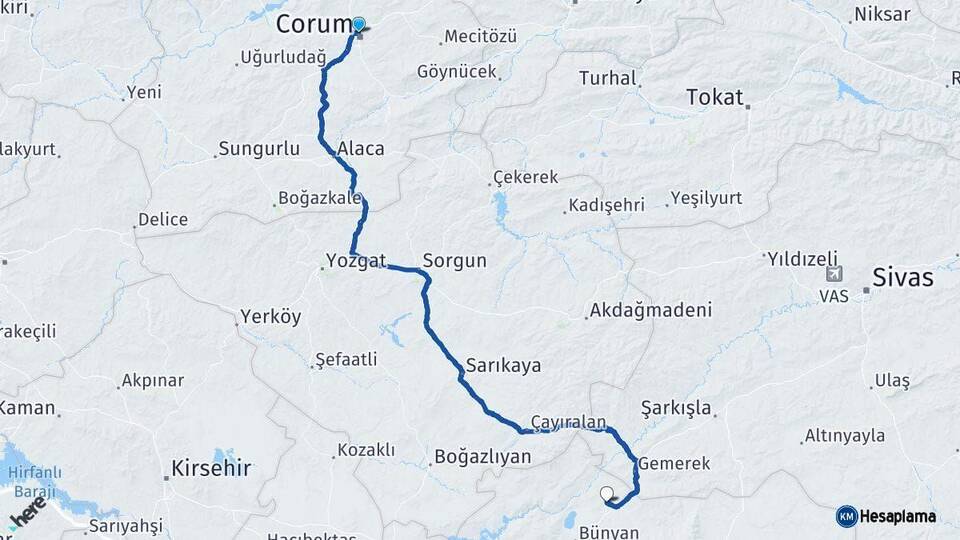 Çorum Sarıoğlan Kayseri Arası Kaç Km - Yol Haritası