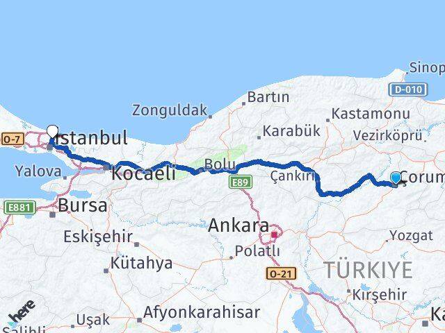 Çorum Sarıyer İstanbul Arası Kaç Km - Yol Haritası