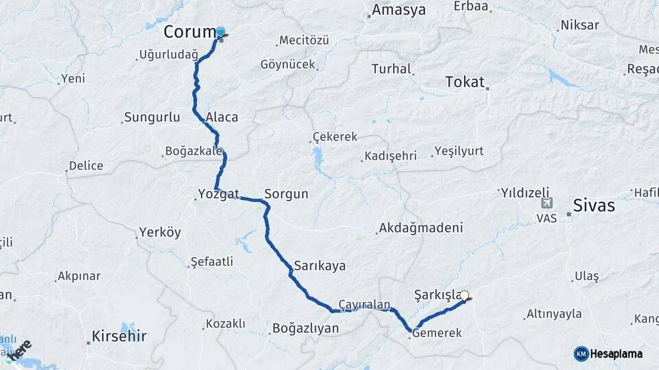 Çorum Şarkışla Sivas Arası Kaç Km - Yol Haritası