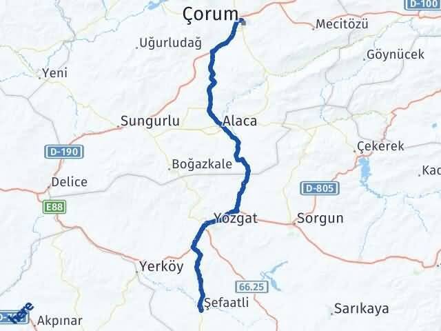 Çorum Şefaatli Yozgat Arası Kaç Km - Yol Haritası