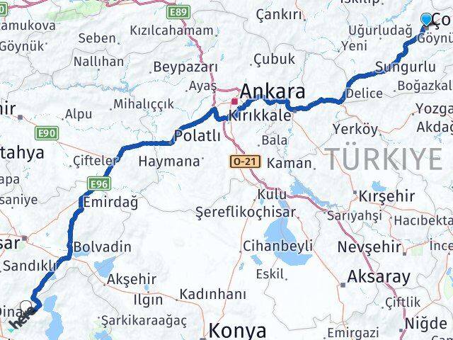 Çorum Senirkent Isparta Arası Kaç Km - Yol Haritası