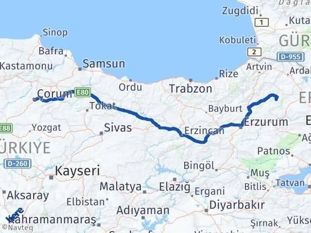 Çorum Şenkaya Erzurum Arası Kaç Km - Yol Haritası