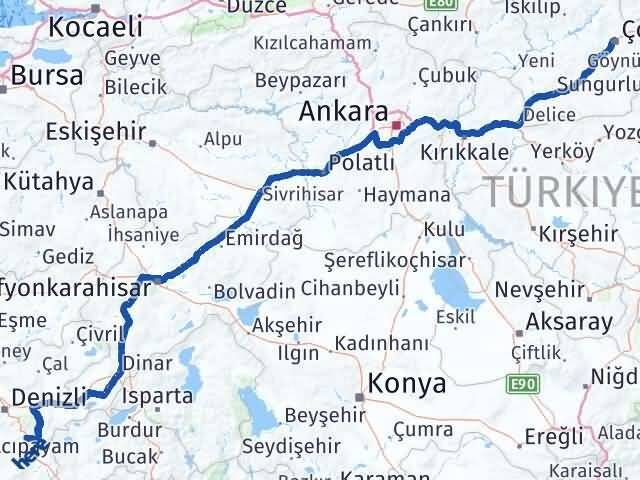 Çorum Serinhisar Denizli Arası Kaç Km - Yol Haritası
