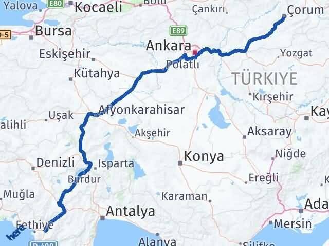 Çorum Seydikemer Muğla Arası Kaç Km - Yol Haritası