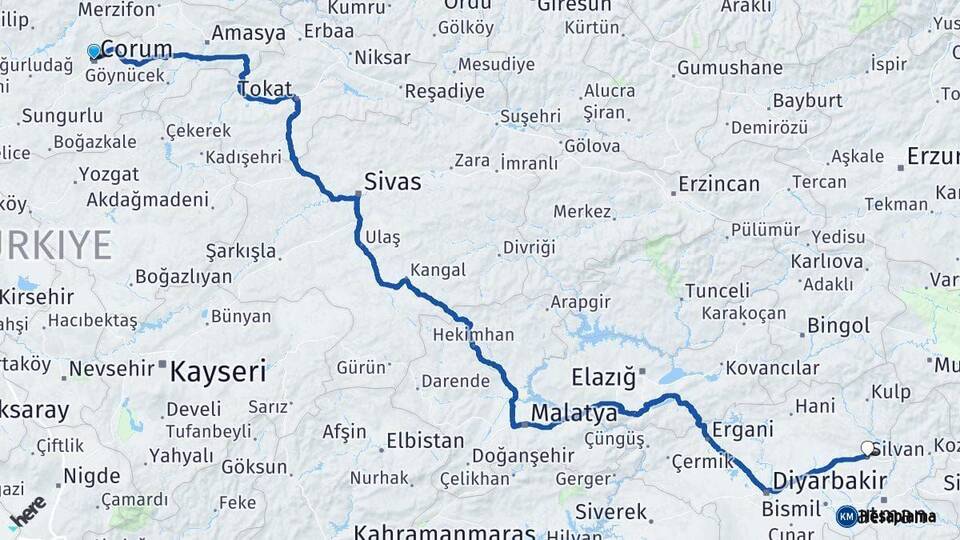 Çorum Silvan Diyarbakır Arası Kaç Km - Yol Haritası