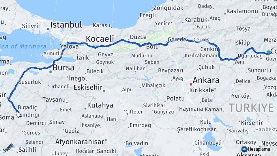 Çorum Sındırgı Balıkesir Arası Kaç Km - Yol Haritası