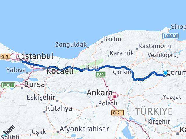 Çorum Şişli İstanbul Arası Kaç Km - Yol Haritası