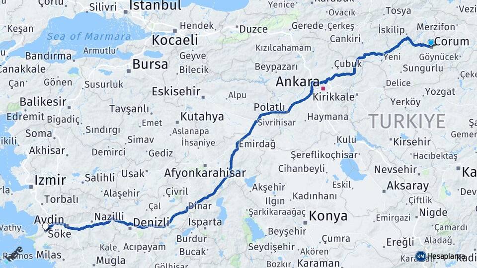 Çorum Söke Aydın Arası Kaç Km - Yol Haritası