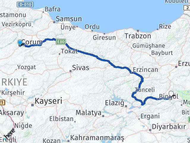 Çorum Solhan Bingöl Arası Kaç Km - Yol Haritası