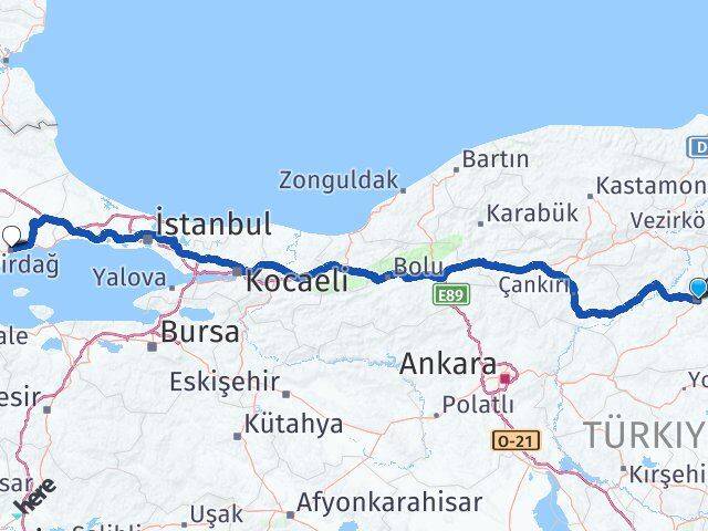 Çorum Süleymanpaşa Tekirdağ Arası Kaç Km - Yol Haritası