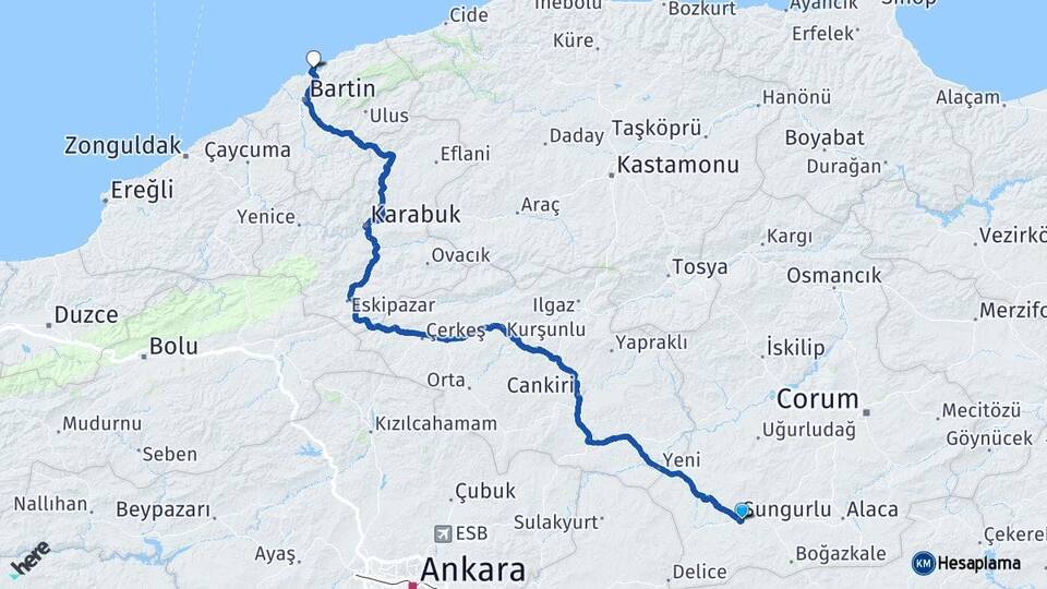 Çorum Sungurlu Amasra Bartın Arası Kaç Km - Yol Haritası