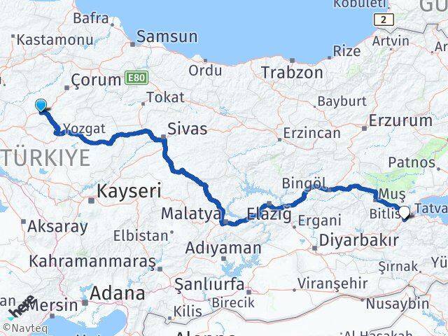 Çorum Sungurlu Bitlis Arası Kaç Km - Yol Haritası