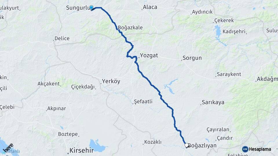 Çorum Sungurlu Boğazlıyan Yozgat Arası Kaç Km - Yol Haritası