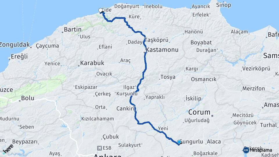 Çorum Sungurlu Cide Kastamonu Arası Kaç Km - Yol Haritası