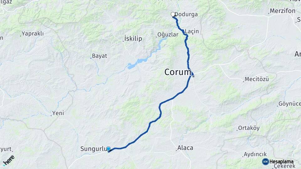 Çorum Sungurlu Dodurga Arası Kaç Km - Yol Haritası