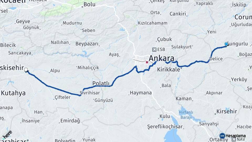 Çorum Sungurlu Eskişehir Arası Kaç Km - Yol Haritası