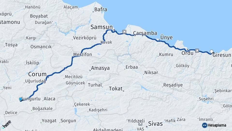 Çorum Sungurlu Giresun Arası Kaç Km - Yol Haritası