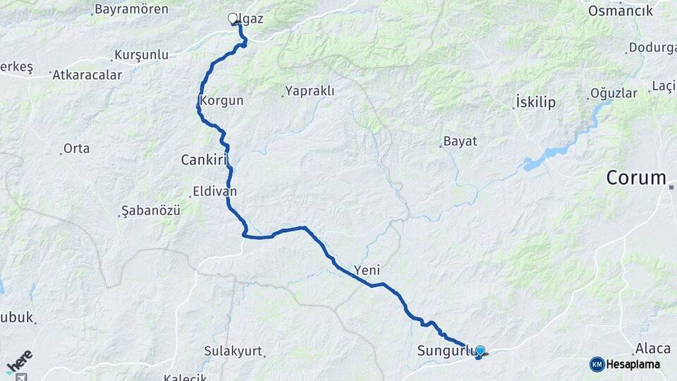 Çorum Sungurlu Ilgaz Çankırı Arası Kaç Km - Yol Haritası