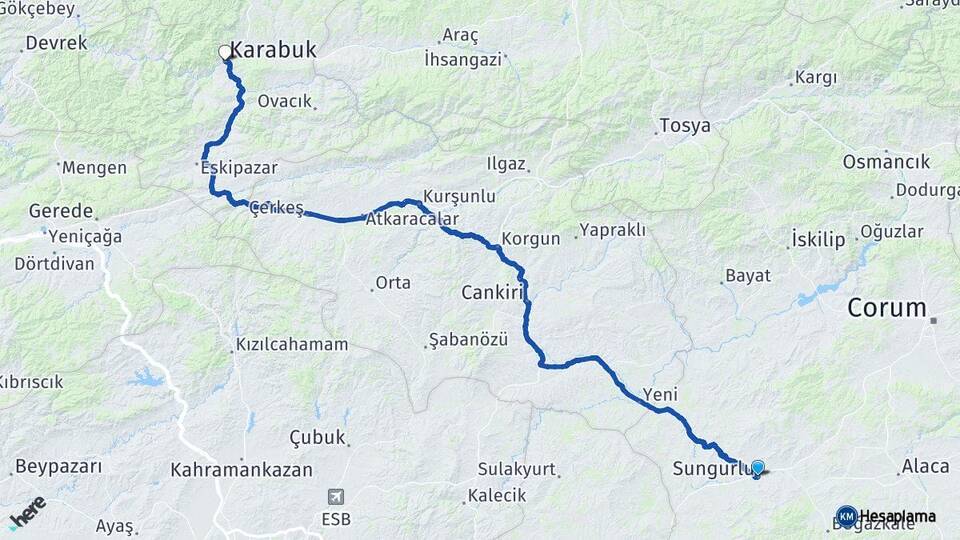 Çorum Sungurlu Karabük Arası Kaç Km - Yol Haritası