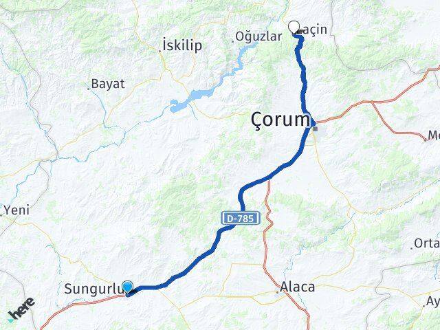 Çorum Sungurlu Laçin Arası Kaç Km - Yol Haritası