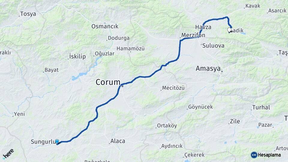 Çorum Sungurlu Ladik Samsun Arası Kaç Km - Yol Haritası