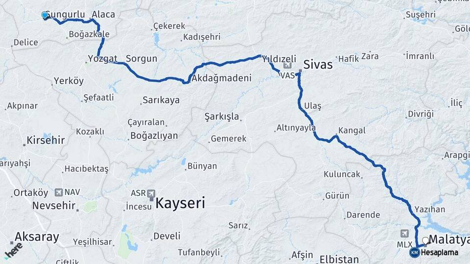 Çorum Sungurlu Malatya Arası Kaç Km - Yol Haritası