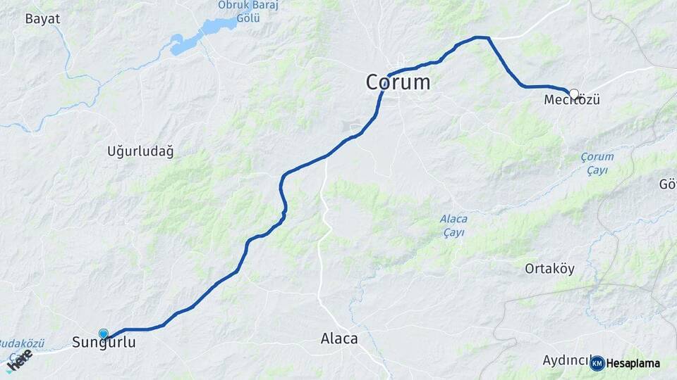 Çorum Sungurlu Mecitözü Arası Kaç Km - Yol Haritası