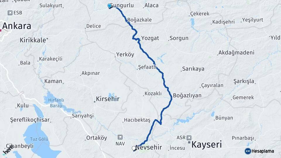 Çorum Sungurlu Nevşehir Arası Kaç Km - Yol Haritası