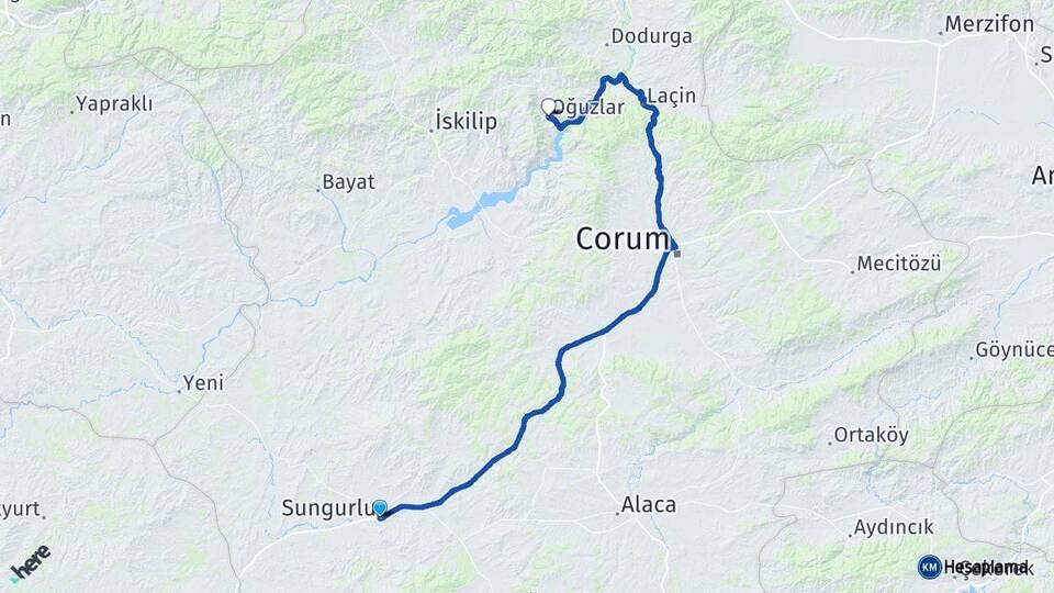 Çorum Sungurlu Oğuzlar Arası Kaç Km - Yol Haritası