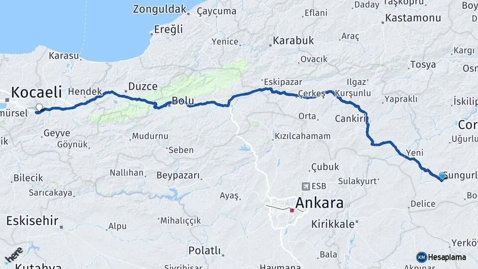 Çorum Sungurlu Sapanca Sakarya Arası Kaç Km - Yol Haritası