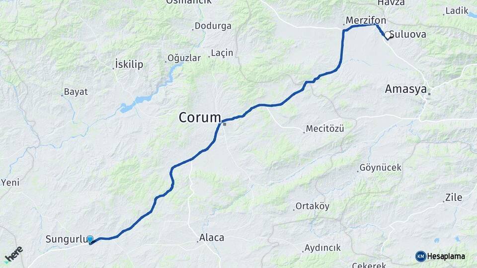 Çorum Sungurlu Suluova Amasya Arası Kaç Km - Yol Haritası