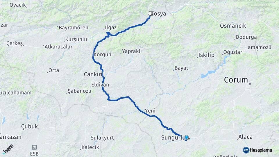 Çorum Sungurlu Tosya Kastamonu Arası Kaç Km - Yol Haritası