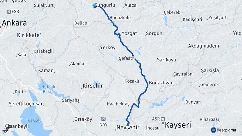 Çorum Sungurlu Ürgüp Nevşehir Arası Kaç Km - Yol Haritası