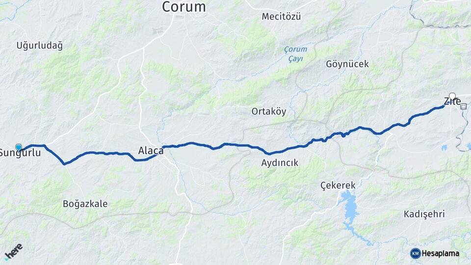 Çorum Sungurlu Zile Tokat Arası Kaç Km - Yol Haritası