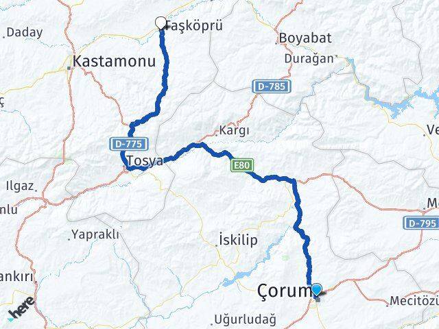 Çorum Taşköprü Kastamonu Arası Kaç Km - Yol Haritası