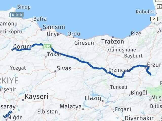 Çorum Tekman Erzurum Arası Kaç Km - Yol Haritası